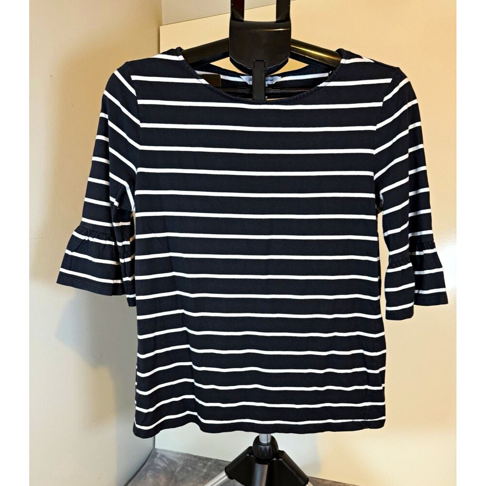Tommy Bahama Women’s S Black & White Striped Ruffle Bell 3/4 Sleeve Top